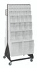 QFS248-76+QFS400WT Tip Out Bin Floor Stand, double sided, mobile, 20-1/4"D x 23-5/8"W x 55"H, 500 lbs. load capacity, includes: (2) QTB302, (2) QTB303, (2) QTB304, (2) QTB305, (2) QTB306, (4) QTB309 white bins and caster kit, 14 gauge steel