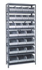 2475-483485GY Shelving Unit, 24"D x 36"L x 75"H, heavy duty, 400 lb. load capacity per shelf, includes: (8) shelves, (12) 20-1/2"L x 8-1/4"W x 7"H (SSB483) and (12) 20-1/2"L x 11"W x 7"H (SSB485) gray black bins, uprights and cross bars