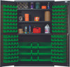 QSC-48SGN Heavy-Duty 48" Bin Cabinet, 48"W x 24"D x 78"H, 400 lb. capacity per interior shelf, 14 gauge all welded construction, includes: (3) adjustable shelves, (64) QUS210, (64) QUS220, (3) QUS240 and (6) QUS250 green bins