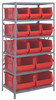 2475-953954RD Shelving Unit, 24"D x 36"L x 75"H, heavy duty, 400 lb. load capacity per shelf, includes: (8) shelves, (9) 23-7/8"L x 11"W x 10"H (QUS953) and (4) 23-7/8"L x 16-1/2"W x 11"H (QUS954) red black bins, uprights and cross bars