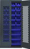 MESH-240250BL Specialty Bin Cabinets, heavy-duty, mesh door model, 36"W x 18"D x 78"H, Includes: (20) 14-3/4"L x 8-1/4"W x 7"H (QUS240) and (8) 14-3/4"L x 16-1/2"W x 7"H (QUS250) blue bin, 14-gauge all welded construction, gray finish