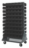 QMD-36H-230BK Louvered Rack, 36"W x 25"D x 72"H, 1200 lb. capacity, double sided, Includes: (120) QUS230, handle and (4) 5" rubber heavy-duty casters: (2) rigid and (2) swivel, black bins, 16 gauge cold rolled steel, gray enamel coated steel