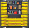 QSC-48SYL Heavy-Duty 48" Bin Cabinet, 48"W x 24"D x 78"H, 400 lb. capacity per interior shelf, 14 gauge all welded construction, includes: (3) adjustable shelves, (64) QUS210, (64) QUS220, (3) QUS240 and (6) QUS250 yellow bins
