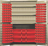 QSC-BG-48SRD Heavy-Duty 48" Bin Cabinet, 48"W x 24"D x 78"H, 400 lb. capacity per interior shelf, 14 gauge all welded construction, includes: (3) adjustable shelves, (64) QUS210, (64) QUS220, (3) QUS240 and (6) QUS250 red bins