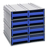 QIC-83BL Interlocking Storage Cabinets, 11-3/8"D x 11-3/4"W x 11"H, includes: (8) IDR203, windows and (2) dividers per drawer, cabinets interlock horizontally and vertically or can be mounted on wall, blue drawers