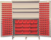 QSC-BG-60SRD Heavy-Duty 60" Bin Cabinet, 60"W x 24"D x 84"H, 500 lb. capacity per interior shelf, 14 gauge all welded construction, includes: (3) adjustable shelves, (80) QUS210, (90) QUS220, (6) QUS240 and (9) QUS250 red bins