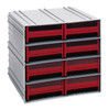 QIC-83RD Interlocking Storage Cabinets, 11-3/8"D x 11-3/4"W x 11"H, includes: (8) IDR203, windows and (2) dividers per drawer, cabinets interlock horizontally and vertically or can be mounted on wall, red drawers
