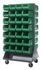 QMD-36H-240GN Louvered Rack, 36"W x 30"D x 72"H, 1200 lb. capacity, double sided, Includes: (56) QUS240, handle and (4) 5" rubber heavy-duty casters: (2) rigid and (2) swivel, green bins, 16 gauge cold rolled steel, gray enamel coated steel