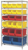 WR7-20-MIX Bin Wire Shelving System, 36"W x 24"D x 74"H, 800 lb. capacity per shelf, includes: (7) wire shelves, (4) posts, (8) QUS950 yellow, (3) QUS952 red, (4) QUS951 yellow, (3) QUS953 red and (2) QUS954 blue bins, chrome plated finish
