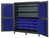 QSC-72SBL Heavy-Duty 72" Bin Cabinet, 72"W x 24"D x 84"H, 500 lb. capacity per interior shelf, 14 gauge all welded construction, includes: (3) adjustable shelves, (96) QUS210, (96) QUS220, (8) QUS240 and (12) QUS250 blue bins