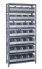 1275-423GY Shelving Unit, 12"D x 36"L x 75"H, heavy duty, 400 lb. load capacity per shelf, includes: (8) shelves, (28) 12"L x 8-1/4"W x 7"H (SSB423) gray black bins, uprights and cross bars, galvanized steel finish