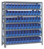 1239-100BL Shelving Unit, 12"D x 36"L x 39"H, heavy duty, 400 lb. load capacity per shelf, includes: (7) shelves, (72) 11-5/8"L x 2-3/4"W x 4"H (QSB100) blue black bins, uprights and cross bars, galvanized steel finish