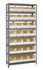 1275-443IV Shelving Unit, 12"D x 36"L x 75"H, heavy duty, 400 lb. load capacity per shelf, includes: (8) shelves, (28) 14"L x 8-1/4"W x 7"H (SSB443) ivory black bins, uprights and cross bars, galvanized steel finish