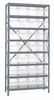 1275-SB807CL Shelving Unit, 12"D x 36"L x 75"H, heavy duty, 400 lb. load capacity per shelf, includes: (8) shelves, (28) 11-5/8"L x 8-3/8"W x 8"H (QSB807) clear black bins, uprights and cross bars, galvanized steel finish