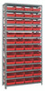1275-107RD Shelving Unit, 12"D x 36"L x 75"H, heavy duty, 400 lb. load capacity per shelf, includes: (13) shelves, (48) 11-5/8"L x 8-3/8"W x 4"H (QSB107) red black bins, uprights and cross bars, galvanized steel finish