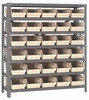 1239-102IV Shelving Unit, 12"D x 36"L x 39"H, heavy duty, 400 lb. load capacity per shelf, includes: (7) shelves, (30) 11-5/8"L x 6-5/8"W x 4"H (QSB102) ivory black bins, uprights and cross bars, galvanized steel finish