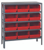 1239-209RD Shelving Unit, 12"D x 36"L x 39"H, heavy duty, 400 lb. load capacity per shelf, includes: (5) shelves, (12) 11-5/8"L x 11-1/8"W x 6"H (QSB209) red black bins, uprights and cross bars, galvanized steel finish