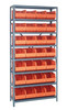 1275-443OR Shelving Unit, 12"D x 36"L x 75"H, heavy duty, 400 lb. load capacity per shelf, includes: (8) shelves, (28) 14"L x 8-1/4"W x 7"H (SSB443) orange black bins, uprights and cross bars, galvanized steel finish