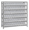 1239-100CL Shelving Unit, 12"D x 36"L x 39"H, heavy duty, 400 lb. load capacity per shelf, includes: (7) shelves, (72) 11-5/8"L x 2-3/4"W x 4"H (QSB100) clear black bins, uprights and cross bars, galvanized steel finish
