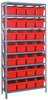 1275-SB807RD Shelving Unit, 12"D x 36"L x 75"H, heavy duty, 400 lb. load capacity per shelf, includes: (8) shelves, (28) 11-5/8"L x 8-3/8"W x 8"H (QSB807) red black bins, uprights and cross bars, galvanized steel finish