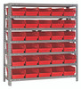 1239-102RD Shelving Unit, 12"D x 36"L x 39"H, heavy duty, 400 lb. load capacity per shelf, includes: (7) shelves, (48) 11-5/8"L x 6-5/8"W x 4"H (QSB102) red black bins, uprights and cross bars, galvanized steel finish