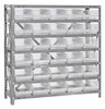 1839-104CL Shelving Unit, 18"D x 36"L x 39"H, heavy duty, 400 lb. load capacity per shelf, includes: (7) shelves, (30) 17-7/8"L x 6-5/8"W x 4"H (QSB104) clear black bins, uprights and cross bars, galvanized steel finish
