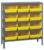 1239-209YL Shelving Unit, 12"D x 36"L x 39"H, heavy duty, 400 lb. load capacity per shelf, includes: (5) shelves, (12) 11-5/8"L x 11-1/8"W x 6"H (QSB209) yellow black bins, uprights and cross bars, galvanized steel finish