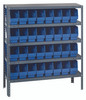 1239-201BL Shelving Unit, 12"D x 36"L x 39"H, heavy duty, 400 lb. load capacity per shelf, includes: (5) shelves, (18) 11-5/8"L x 4-1/8"W x 6"H (QSB201) blue black bins, uprights and cross bars, galvanized steel finish