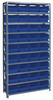 1275-207BL Shelving Unit, 12"D x 36"L x 75"H, heavy duty, 400 lb. load capacity per shelf, includes: (10) shelves, (36) 11-5/8"L x 8-3/8"W x 6"H (QSB207) blue black bins, uprights and cross bars, galvanized steel finish