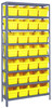 1275-SB807YL Shelving Unit, 12"D x 36"L x 75"H, heavy duty, 400 lb. load capacity per shelf, includes: (8) shelves, (28) 11-5/8"L x 8-3/8"W x 8"H (QSB807) yellow black bins, uprights and cross bars, galvanized steel finish