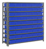 1239-401BL Shelving Unit, 12"D x 36"L x 39"H, heavy duty, 400 lb. load capacity per shelf, includes: (10) shelves, (54) 11-5/8"L x 5-9/16"W x 2-1/8"H (QED401) blue black bins, uprights and cross bars, galvanized steel finish