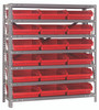 1839-110RD Shelving Unit, 18"D x 36"L x 39"H, heavy duty, 400 lb. load capacity per shelf, includes: (7) shelves, (18) 17-7/8"L x 11-1/8"W x 4"H (QSB110) red black bins, uprights and cross bars, galvanized steel finish