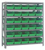 1839-104GN Shelving Unit, 18"D x 36"L x 39"H, heavy duty, 400 lb. load capacity per shelf, includes: (7) shelves, (30) 17-7/8"L x 6-5/8"W x 4"H (QSB104) green black bins, uprights and cross bars, galvanized steel finish