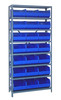 1275-425BL Shelving Unit, 12"D x 36"L x 75"H, heavy duty, 400 lb. load capacity per shelf, includes: (8) shelves, (21) 12"L x 11"W x 7"H (SSB425) blue black bins, uprights and cross bars, galvanized steel finish