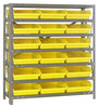 1839-110YL Shelving Unit, 18"D x 36"L x 39"H, heavy duty, 400 lb. load capacity per shelf, includes: (7) shelves, (18) 17-7/8"L x 11-1/8"W x 4"H (QSB110) yellow black bins, uprights and cross bars, galvanized steel finish