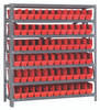 1239-100RD Shelving Unit, 12"D x 36"L x 39"H, heavy duty, 400 lb. load capacity per shelf, includes: (7) shelves, (72) 11-5/8"L x 2-3/4"W x 4"H (QSB100) red black bins, uprights and cross bars, galvanized steel finish