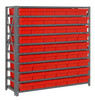 1239-401RD Shelving Unit, 12"D x 36"L x 39"H, heavy duty, 400 lb. load capacity per shelf, includes: (10) shelves, (54) 11-5/8"L x 5-9/16"W x 2-1/8"H (QED401) red black bins, uprights and cross bars, galvanized steel finish