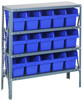 1839-SB804BL Shelving Unit, 18"D x 36"L x 39"H, heavy duty, 400 lb. load capacity per shelf, includes: (4) shelves, (15) 17-7/8"L x 6-5/8"W x 8"H (QSB804) blue black bins, uprights and cross bars, galvanized steel finish