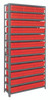1275-801RD Shelving Unit, 12"D x 36"L x 75"H, heavy duty, 400 lb. load capacity per shelf, includes: (13) shelves, (36) 11-5/8"L x 11-1/8"W x 4-5/8"H (QED801) red black bins, uprights and cross bars, galvanized steel finish