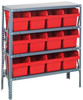 1239-SB807RD Shelving Unit, 12"D x 36"L x 39"H, heavy duty, 400 lb. load capacity per shelf, includes: (4) shelves, (12) 11-5/8"L x 8-3/8"W x 8"H (QSB807) red black bins, uprights and cross bars, galvanized steel finish