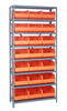 1275-425OR Shelving Unit, 12"D x 36"L x 75"H, heavy duty, 400 lb. load capacity per shelf, includes: (8) shelves, (21) 12"L x 11"W x 7"H (SSB425) orange black bins, uprights and cross bars, galvanized steel finish