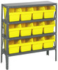 1239-SB807YL Shelving Unit, 12"D x 36"L x 39"H, heavy duty, 400 lb. load capacity per shelf, includes: (4) shelves, (12) 11-5/8"L x 8-3/8"W x 8"H (QSB807) yellow black bins, uprights and cross bars, galvanized steel finish