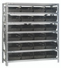 1839-108BK Shelving Unit, 18"D x 36"L x 39"H, heavy duty, 400 lb. load capacity per shelf, includes: (7) shelves, (24) 17-7/8"L x 8-3/8"W x 4"H (QSB108) black black bins, uprights and cross bars, galvanized steel finish