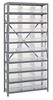 1275-209CL Shelving Unit, 12"D x 36"L x 75"H, heavy duty, 400 lb. load capacity per shelf, includes: (10) shelves, (27) 11-5/8"L x 11-1/8"W x 6"H (QSB209) clear black bins, uprights and cross bars, galvanized steel finish