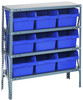 1239-SB809BL Shelving Unit, 12"D x 36"L x 39"H, heavy duty, 400 lb. load capacity per shelf, includes: (4) shelves, (9) 11-5/8"L x 11-1/8"W x 8"H (QSB809) blue black bins, uprights and cross bars, galvanized steel finish