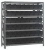 1839-103BK Shelving Unit, 18"D x 36"L x 39"H, heavy duty, 400 lb. load capacity per shelf, includes: (7) shelves, (48) 17-7/8"L x 4-1/8"W x 4"H (QSB103) black black bins, uprights and cross bars, galvanized steel finish