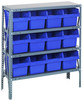 1839-SB808BL Shelving Unit, 18"D x 36"L x 39"H, heavy duty, 400 lb. load capacity per shelf, includes: (4) shelves, (12) 17-7/8"L x 8-3/8"W x 8"H (QSB808) blue black bins, uprights and cross bars, galvanized steel finish