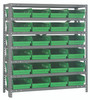 1839-108GN Shelving Unit, 18"D x 36"L x 39"H, heavy duty, 400 lb. load capacity per shelf, includes: (7) shelves, (24) 17-7/8"L x 8-3/8"W x 4"H (QSB108) green black bins, uprights and cross bars, galvanized steel finish