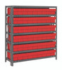 1839-604RD Shelving Unit, 18"D x 36"L x 39"H, heavy duty, 400 lb. load capacity per shelf, includes: (7) shelves, (54) 17-7/8"L x 3-3/4"W x 4-5/8"H (QED604) red black bins, uprights and cross bars, galvanized steel finish