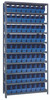 1875-203BL Shelving Unit, 18"D x 36"L x 75"H, heavy duty, 400 lb. load capacity per shelf, includes: (13) shelves, (72) 17-7/8"L x 4-1/8"W x 4"H (QSB203) blue black bins, uprights and cross bars, galvanized steel finish